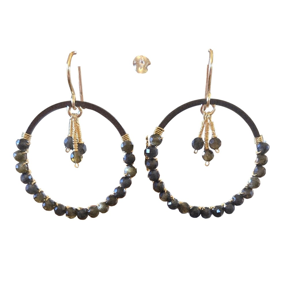 Whimsygoth Golden Obsidian Hoop Earrings Wire Wrapped Boho Dangle‎ French Hook